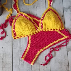 Colorful Crochet Bikini Set | Handmade Swimsuit in Pink & Yellow | Customizable Bathing Suit | Boho Beachwear Gift