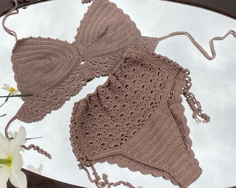 Handgefertigte Häkelarbeit Bikini Set: Boho Badeanzug mit hoher Taille