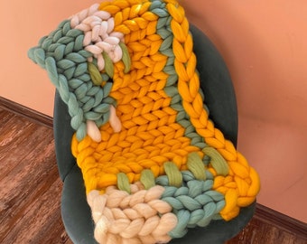 Merino Wool Blanket Colourful Patchwork Chunky blanket gift