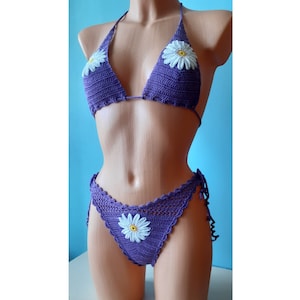 Crochet bikini set, Flowers Swimwear, Daisy swimsuit, Sexy swimwear two-piece, Boho swimwear, Crochet bathing suit with lining 2023 image 1