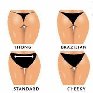 May include: Illustration of four different styles of underwear: thong, Brazilian, standard, and cheeky. Each style is shown on a female figure.