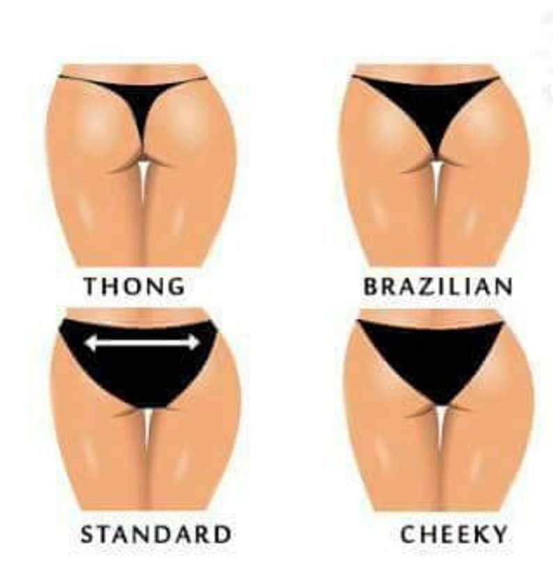 May include: Illustration of four different styles of underwear: thong, Brazilian, standard, and cheeky. Each style is shown on a female figure.