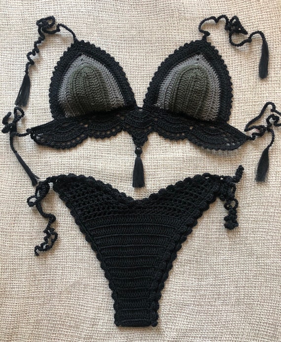 Crochet bikini set with  Brazilian bottom, Halter bottom and top