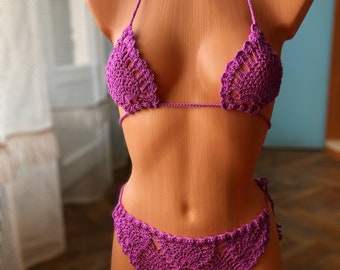 Sexy Gehäkelter Bikini Set 2 Teilig, gestrickter Badeanzug mit String-Böden