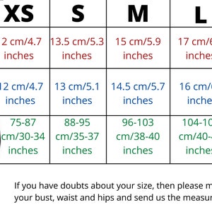 May include: Size chart for swimwear with measurements in inches and centimeters. The chart shows bust, waist, and hip measurements for sizes XS, S, M, L, and XL.