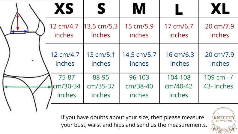 May include: Size chart for swimwear with measurements in inches and centimeters. The chart shows bust, waist, and hip measurements for sizes XS, S, M, L, and XL.