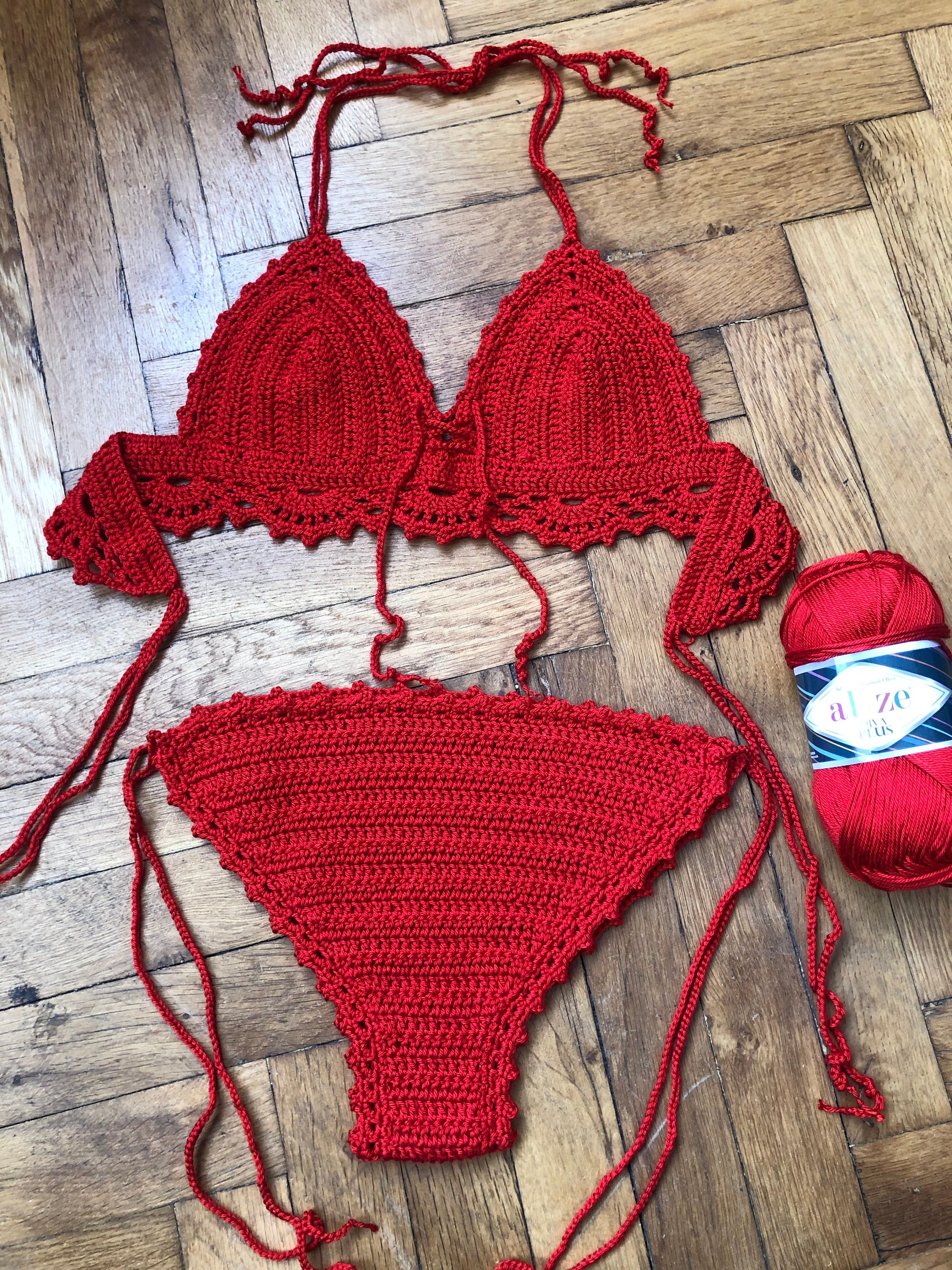 Red Velvet Crochet Bikini Set Sexy Girls Bikini Halter Top and - Etsy
