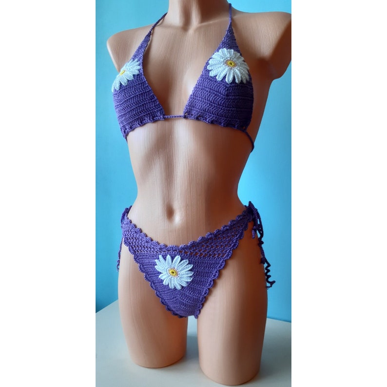 Crochet bikini set, Flowers Swimwear, Daisy swimsuit, Sexy swimwear two-piece, Boho swimwear, Crochet bathing suit with lining 2023 image 1