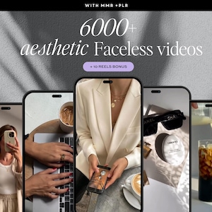 May include: A collage of five images showcasing different aesthetic video concepts. The images include a woman wearing a white top and beige cardigan, a laptop with a coffee cup, a woman wearing a white blazer, a pair of sunglasses, and a glass of iced coffee.