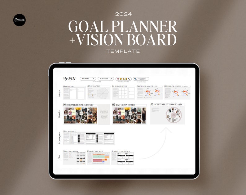 May include: A digital screen displaying a 2024 goal planner and vision board template. The template includes sections for "My 2024", "Dream & Vision Board", and "Actionable Vision Board".