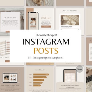 Może przedstawiać: Zbiór ponad 80 szablonów postów na Instagramie w beżowo-brązowej kolorystyce. Szablony zawierają różne układy, w tym posty tekstowe, posty z obrazami i posty w stylu infografiki. Tekst "The content expert" i "INSTAGRAM POSTS" jest wyświetlany pogrubioną czcionką w kolorze złotym.