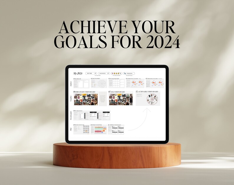 May include: A tablet computer displaying a digital planner with the title "My 2024" and the text "ACHIEVE YOUR GOALS FOR 2024" above the tablet. The planner is divided into sections for different months and includes a variety of visual elements, such as icons, images, and text.