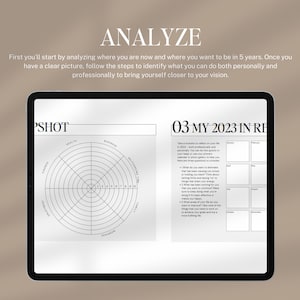 May include: A digital planner with a black and white design. The left side of the planner has a circle graph with labels for health, business, finance, relationships, personal growth, and family. The right side of the planner has a grid with the text "03 MY 2023 IN REVIEW".