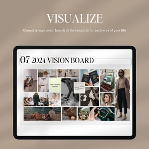 May include: A digital vision board on a tablet screen with the text "07 2024 VISION BOARD". The board is filled with images of travel, money, success, and personal growth.