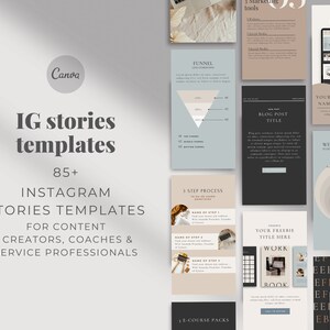 May include: A set of 85+ Instagram story templates for content creators, coaches, and service professionals. The templates feature a variety of designs, including a funnel, a 3-step process, and a blog post template. The templates are designed to help you create engaging and informative content for your Instagram stories.