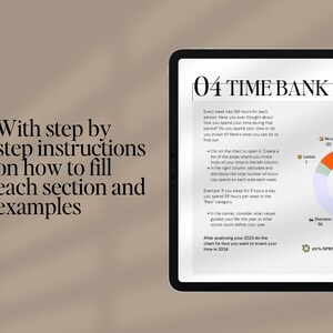 May include: A time management chart with a pie chart showing how to allocate time in 2023. The chart is divided into four sections: No time, Leisure, Descanso, and Sacrifice Serving Others Awareness. The chart is labeled "20% Expenditure" and "80% Expenditure". The text on the page reads "04 Time Bank Analysis 2023".