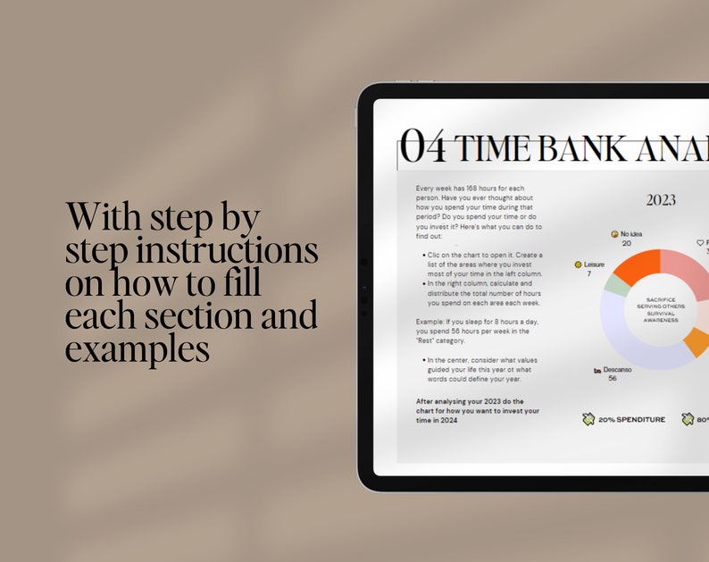 May include: A time management chart with a pie chart showing how to allocate time in 2023. The chart is divided into four sections: No time, Leisure, Descanso, and Sacrifice Serving Others Awareness. The chart is labeled "20% Expenditure" and "80% Expenditure". The text on the page reads "04 Time Bank Analysis 2023".