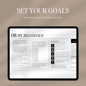 May include: A black and white digital planner with the text "08 MY 2024 GOALS" and a section titled "MAKE THEM SMART" with the acronym SMART broken down into its components. The planner is designed to help users set and achieve their goals for the year 2024.