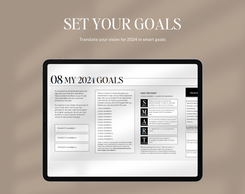 May include: A black and white digital planner with the text "08 MY 2024 GOALS" and a section titled "MAKE THEM SMART" with the acronym SMART broken down into its components. The planner is designed to help users set and achieve their goals for the year 2024.