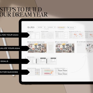 May include: A digital tablet displaying a planner for the year 2024. The planner includes sections for analyzing 2023, visualizing 2024, setting goals, and planning for success. The planner also includes a vision board and action plan.
