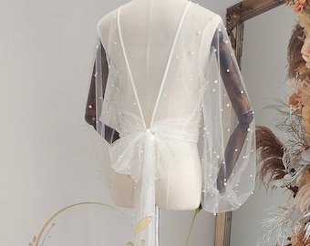 Destiny - Pearl Top, Pearl Bolero,Tulle top with pearls,Wedding Dress Pearl Overlay,  Pearl Shrug