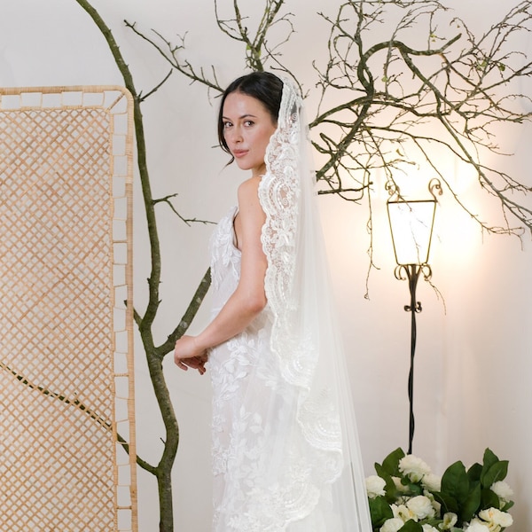 Matilda -Mantilla Lace Veil, Bespoke Veil, Corded Lace Wedding Veil, Off White veil, Ivory veil, Champagne veil