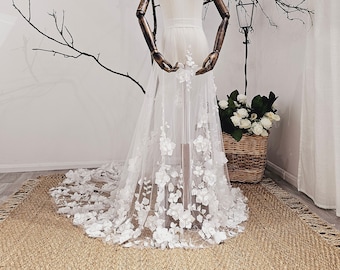 Bridal detachable overlay, Removable overskirt, Bespoke 3D lace flower overskirt - Ola