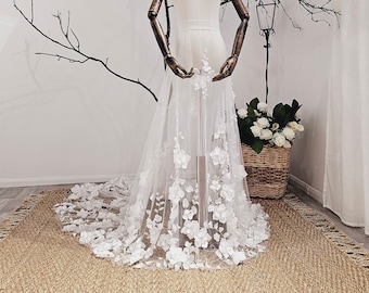 Ola - Bridal detachable overlay, Removable overskirt, Bespoke 3D lace flower overskirt