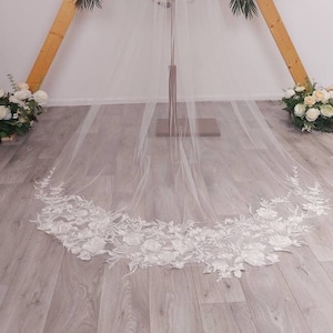 Lovely - Bridal Lace Veil, Asymmetrical Bridal Veil, Corded Lace with sequins, Wedding Veil, Cathedral veil,BL02