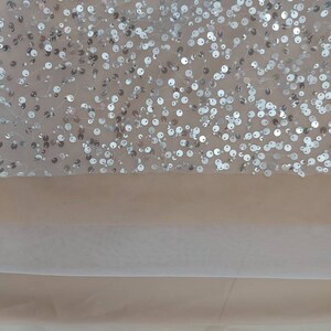 May include: A close-up of a sheer fabric with silver sequins scattered across the surface. The fabric is a light beige color and the sequins are evenly distributed.