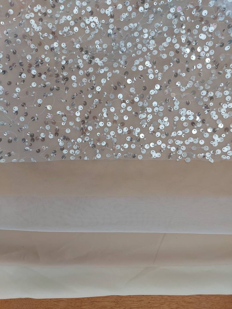 May include: A close-up of a sheer fabric with silver sequins scattered across the surface. The fabric is a light beige color and the sequins are evenly distributed.