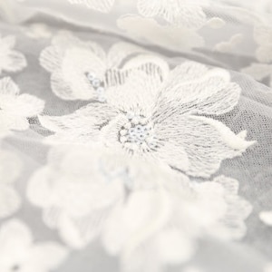 May include: White lace fabric with a delicate floral pattern. The fabric is sheer and has a soft, romantic feel.