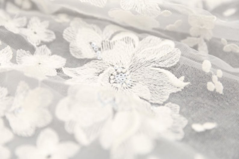 May include: White lace fabric with a delicate floral pattern. The fabric is sheer and has a soft, romantic feel.