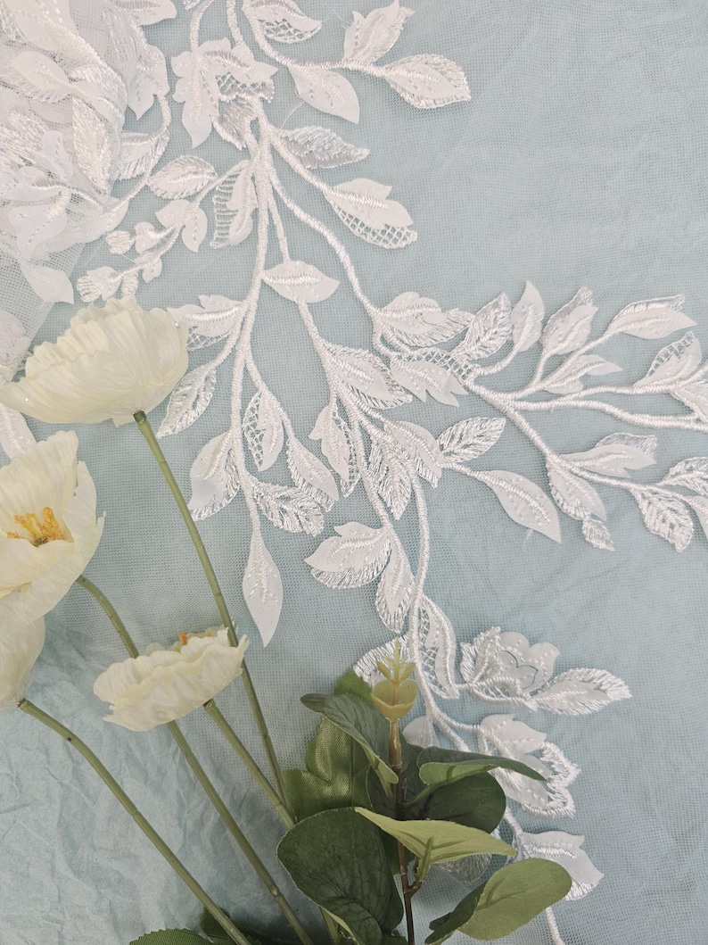 Bridal veil tulle samples, Glitter tulle samples, Dress fabric samples, Train/ Overlay fabric samples Leaflike lace