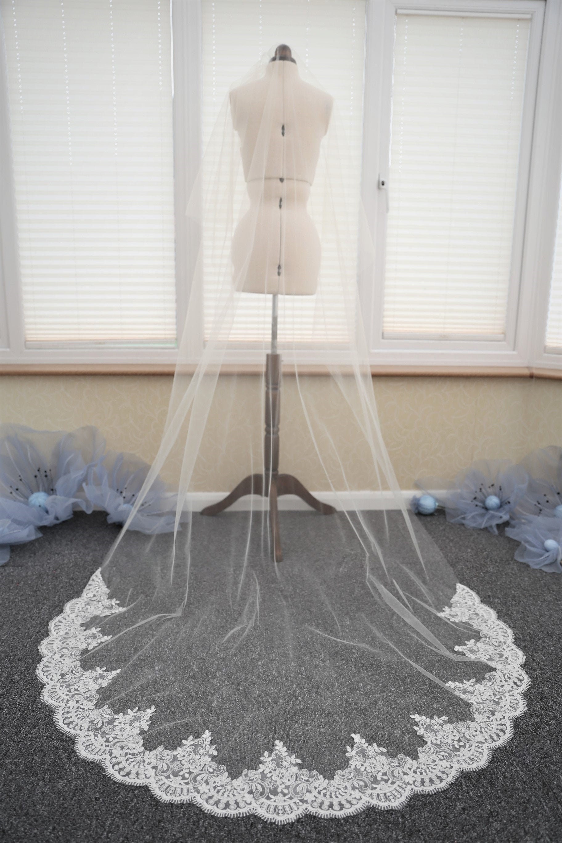 Bridal Veil *2 Tier Cathedral Length*Wide Corded Lace* Ivory/Off White*Bespoke* 