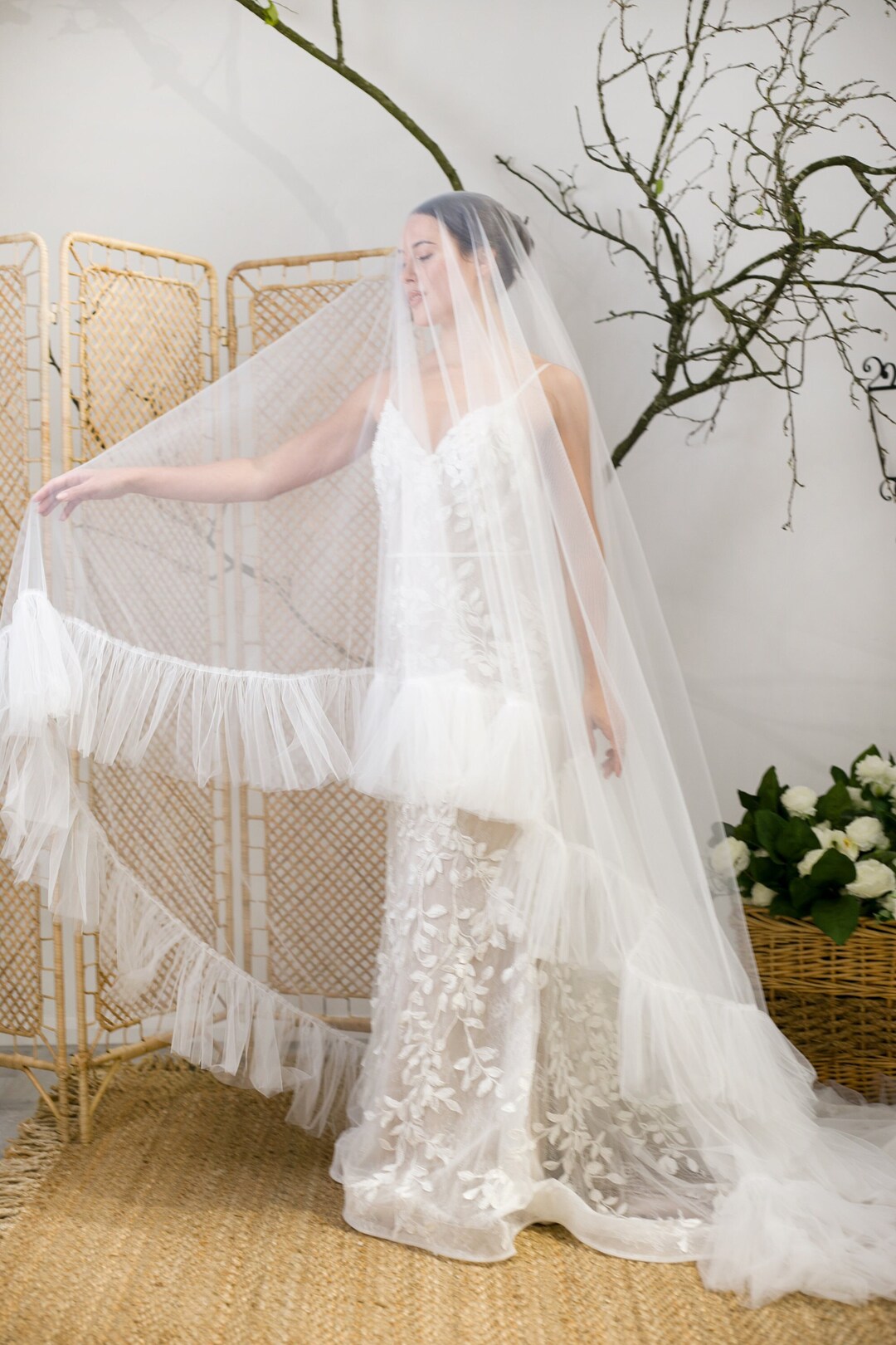 White Ruffle Edge Wisteria - Super Soft Ruffle Edge Drop Veil, Bespoke Veil With Ruffle ...