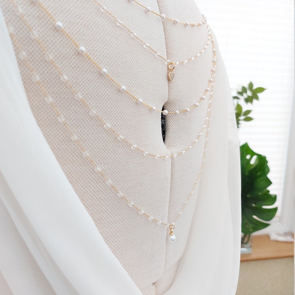 Nevaeh - Crystal bridal backdrop, Pearl and crystal back chain, bridal pearl back necklace,C01