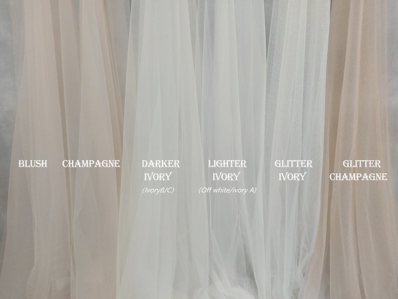 May include: Six swatches of sheer fabric in different shades of ivory and champagne. The swatches are labeled "Blush", "Champagne", "Darker Ivory (Ivory B/C)", "Lighter Ivory (Off white/ivory A)", "Glitter Ivory", and "Glitter Champagne".