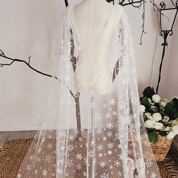 Charlotte - Snowflake Glitter cape veil, Winter theme cape, winter wedding veil, Bridal Cathedral cape veil, Frozen Theme veil