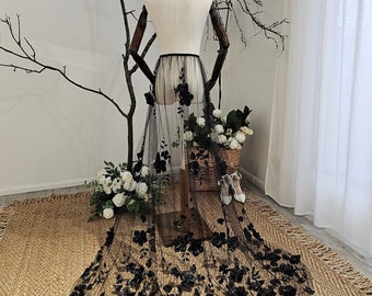 Black 3D Floral Bridal Train: Detachable Wedding Dress Overlay