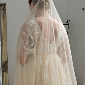 May include: A white tulle wedding veil with a delicate pattern of glitter. The veil is worn by a person with their hair pulled back in a bun.
