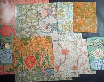 May include: Assortment of vintage floral patterned papers in various colours, including green, blue, orange, and pink. The papers feature different floral designs, including roses, tulips, and leaves.