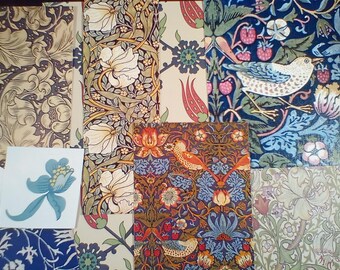 May include: A collection of eight patterned fabric swatches featuring floral and bird designs in shades of blue, green, red, and white.