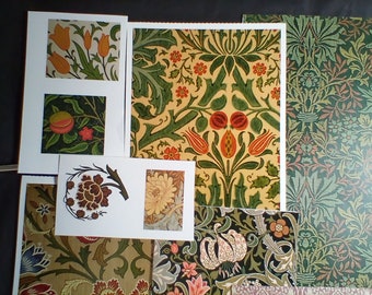 May include: A collection of vintage floral patterned paper samples. The patterns feature various flowers, leaves, and stems in shades of green, red, orange, and yellow. The patterns are printed on a white background.