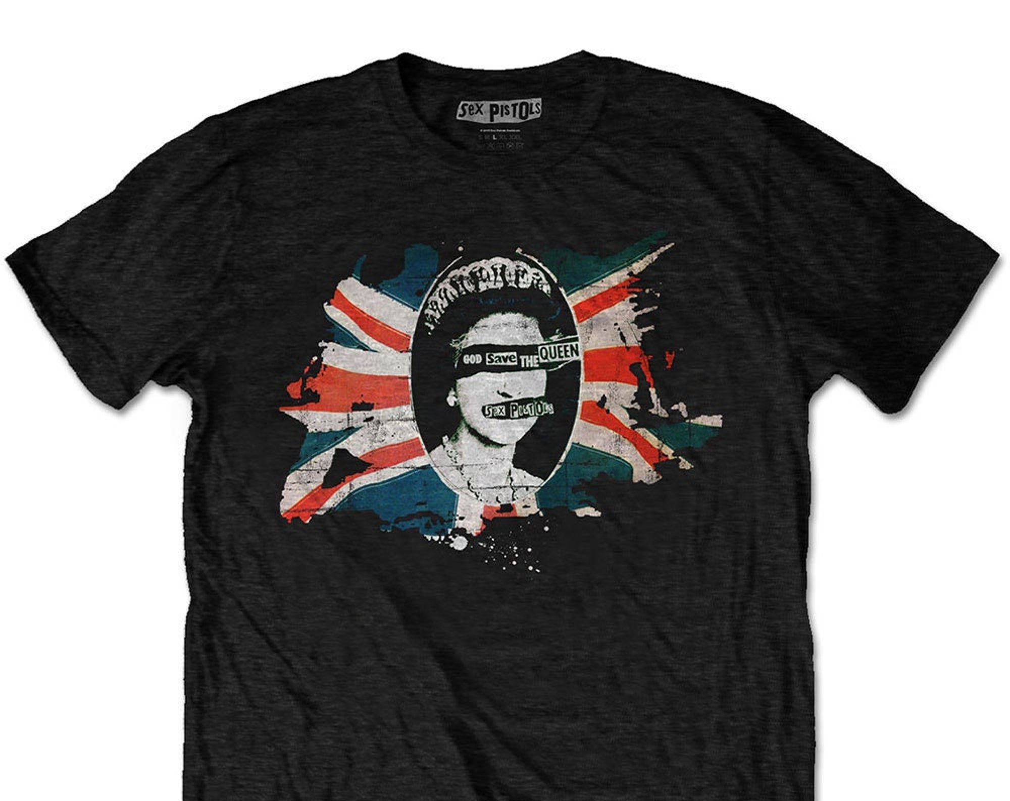 Discover The sx Pistols T-Shirt -God Save the Queen Flag Black Design - Unisex Official Licensed Design