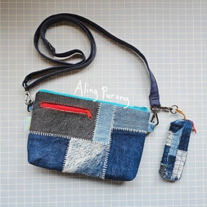 Sac en denim patchwork upcyled d’une seule pièce avec porte-baume à lèvres | cadeau durable | fabriqué aux Pays-Bas