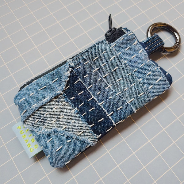 One off piece upcycled sashiko denim pouch | coin purse | key holder | lipbalm holder | sustainable gift | slow fashion
