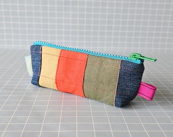 Upcycled patchwork denim canvas pouch | one off piece | sustainable gift | upcycled recycled repurposed | slow fashion