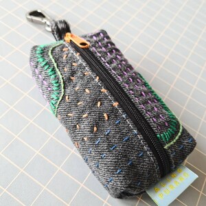 Upcycled small sashiko denim pouch Lipbalm Lipstick holder coin purse Earphone pouch key chain pouch medicine pouch image 3