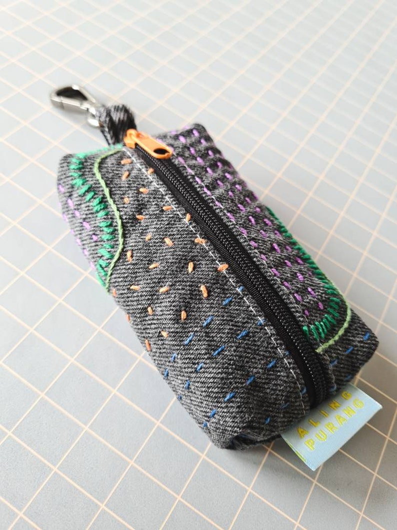 Upcycled small sashiko denim pouch Lipbalm Lipstick holder coin purse Earphone pouch key chain pouch medicine pouch image 3